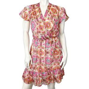 NWT Ema Blue’s Pink Circle Tie Dye Faux Wrap Flutter Sleeve Mini Dress France